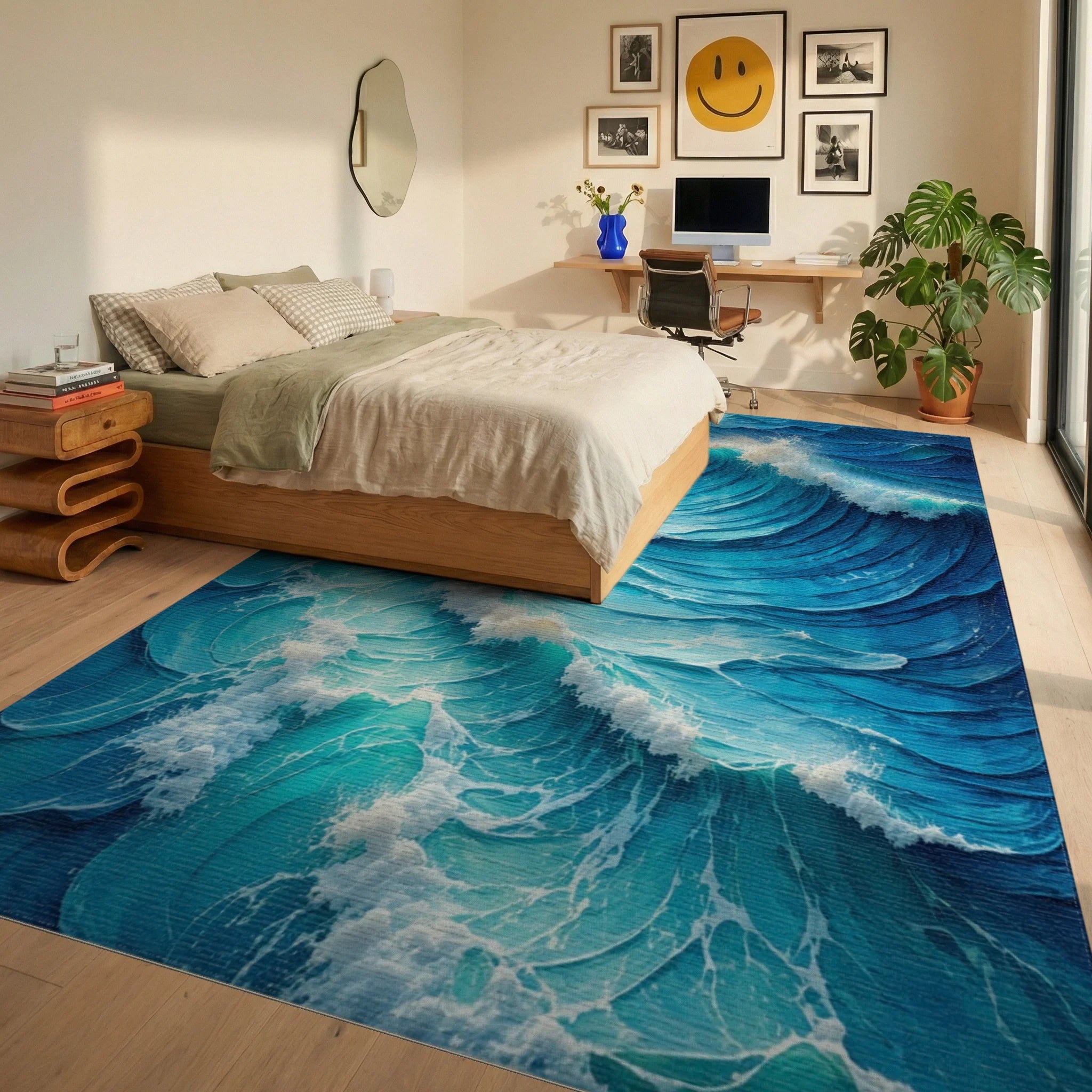 Vibrant Blue Crashing Waves Rug - Bedroom View
