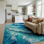 Vibrant Blue Crashing Waves Rug - Living Room View