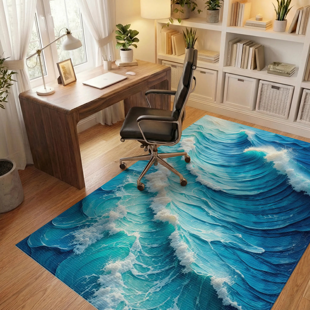Vibrant Blue Crashing Waves Rug - Office View