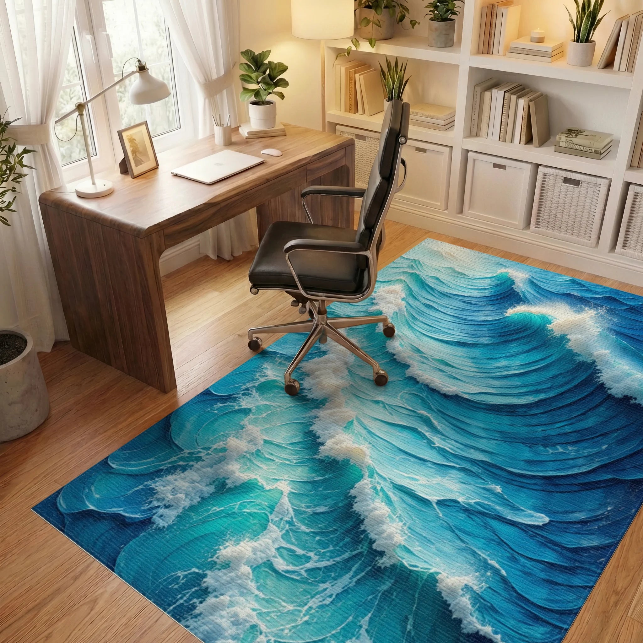 Vibrant Blue Crashing Waves Rug - Office View