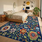 Vibrant Blue Folk Floral Garden Rug - Bedroom View
