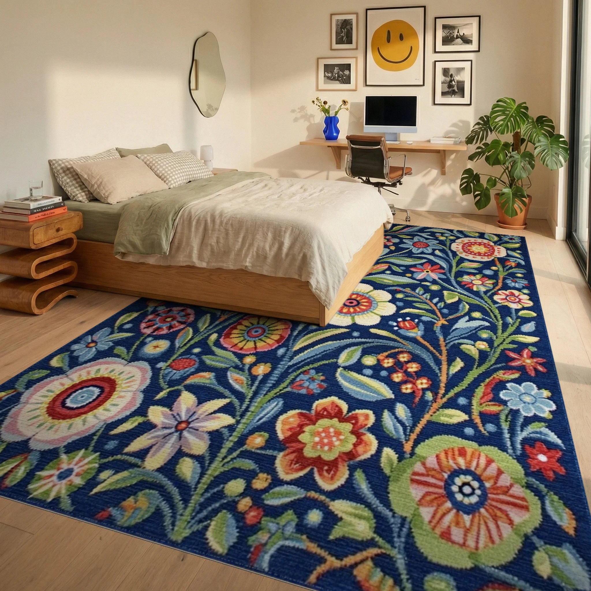 Vibrant Blue Folk Floral Garden Rug - Bedroom View