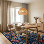 Vibrant Blue Folk Floral Garden Rug - Dining Room View