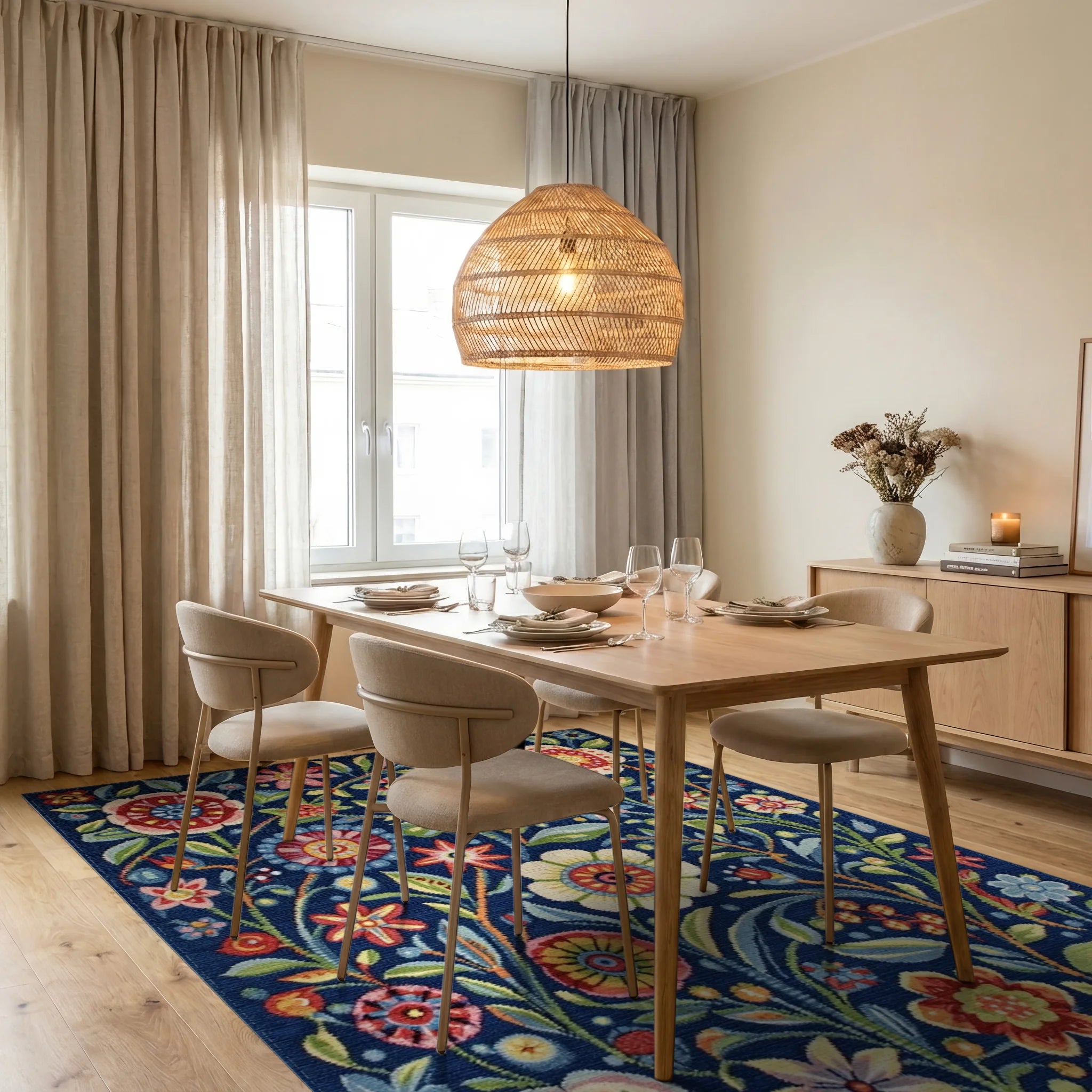 Vibrant Blue Folk Floral Garden Rug - Dining Room View