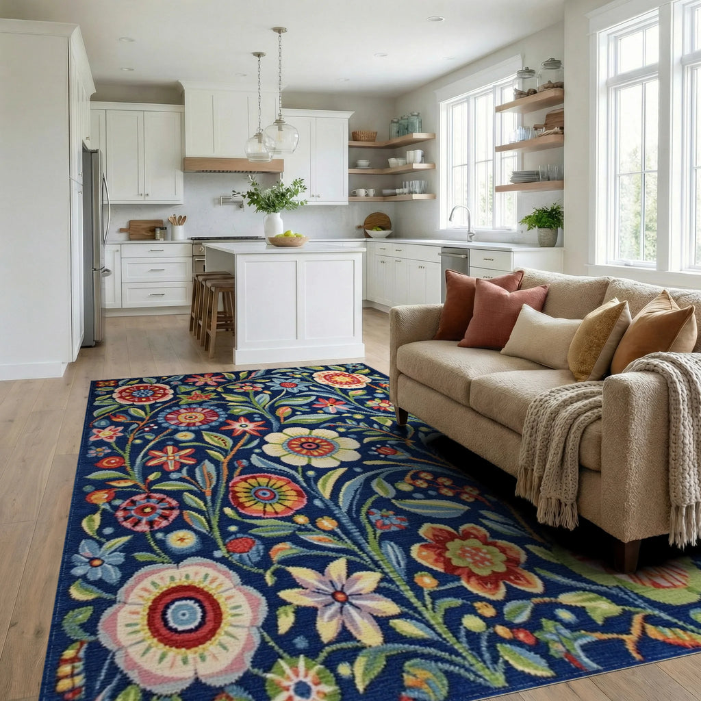 Vibrant Blue Folk Floral Garden Rug - Living Room View