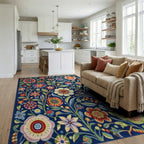 Vibrant Blue Folk Floral Garden Rug - Living Room View