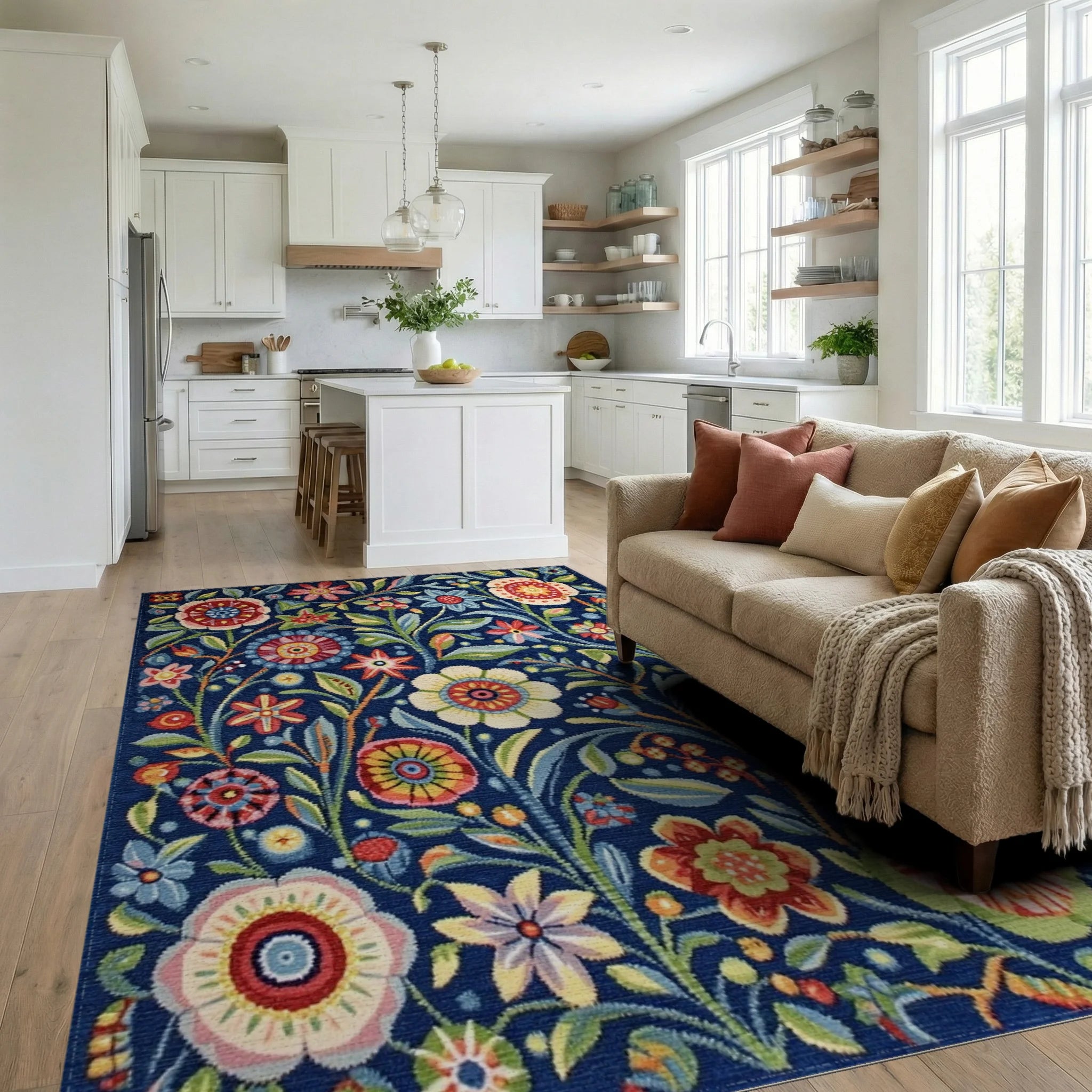 Vibrant Blue Folk Floral Garden Rug - Living Room View