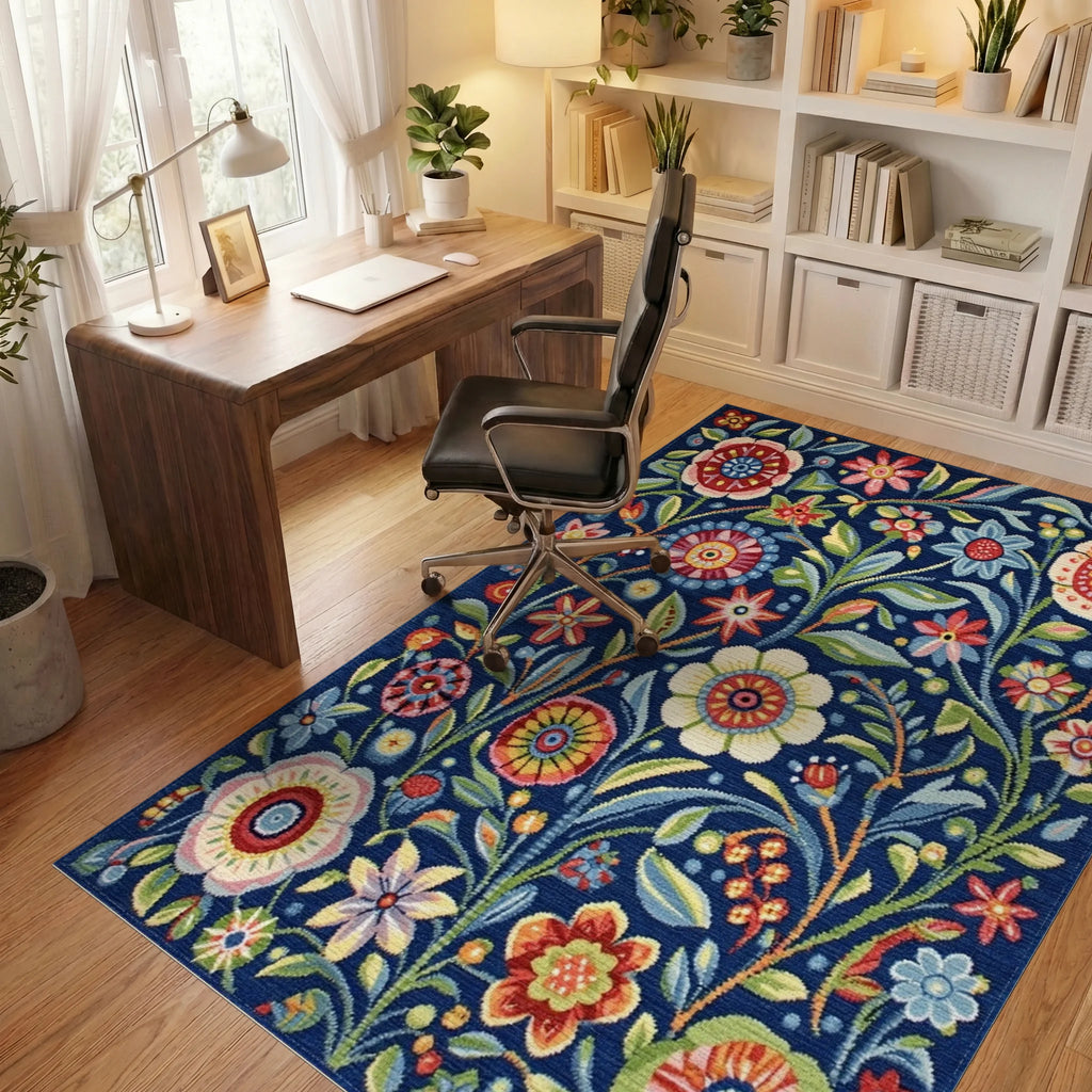 Vibrant Blue Folk Floral Garden Rug - Office View