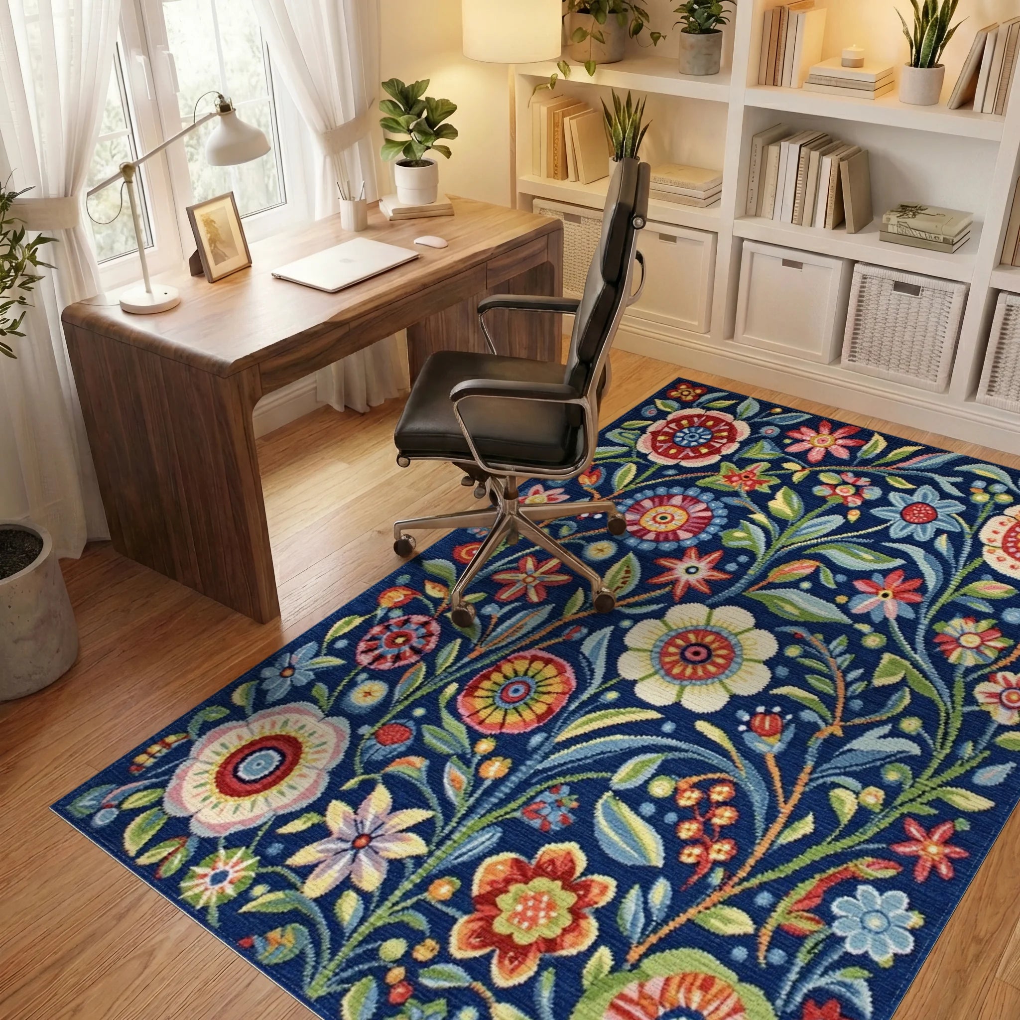 Vibrant Blue Folk Floral Garden Rug - Office View