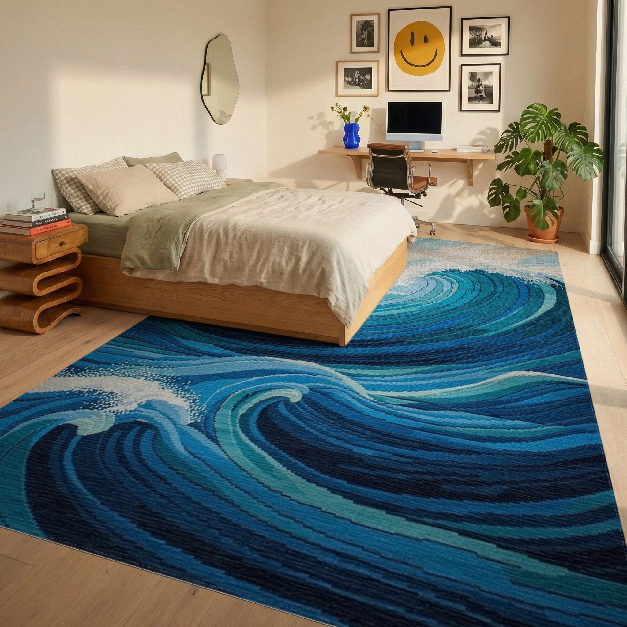 Vibrant Blue Ocean Wave Water Rug - Bedroom View