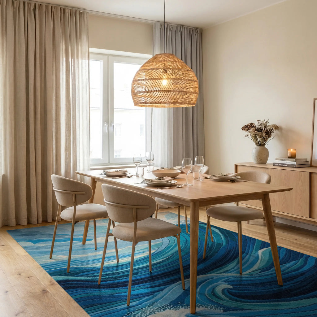 Vibrant Blue Ocean Wave Water Rug - Dining Room View