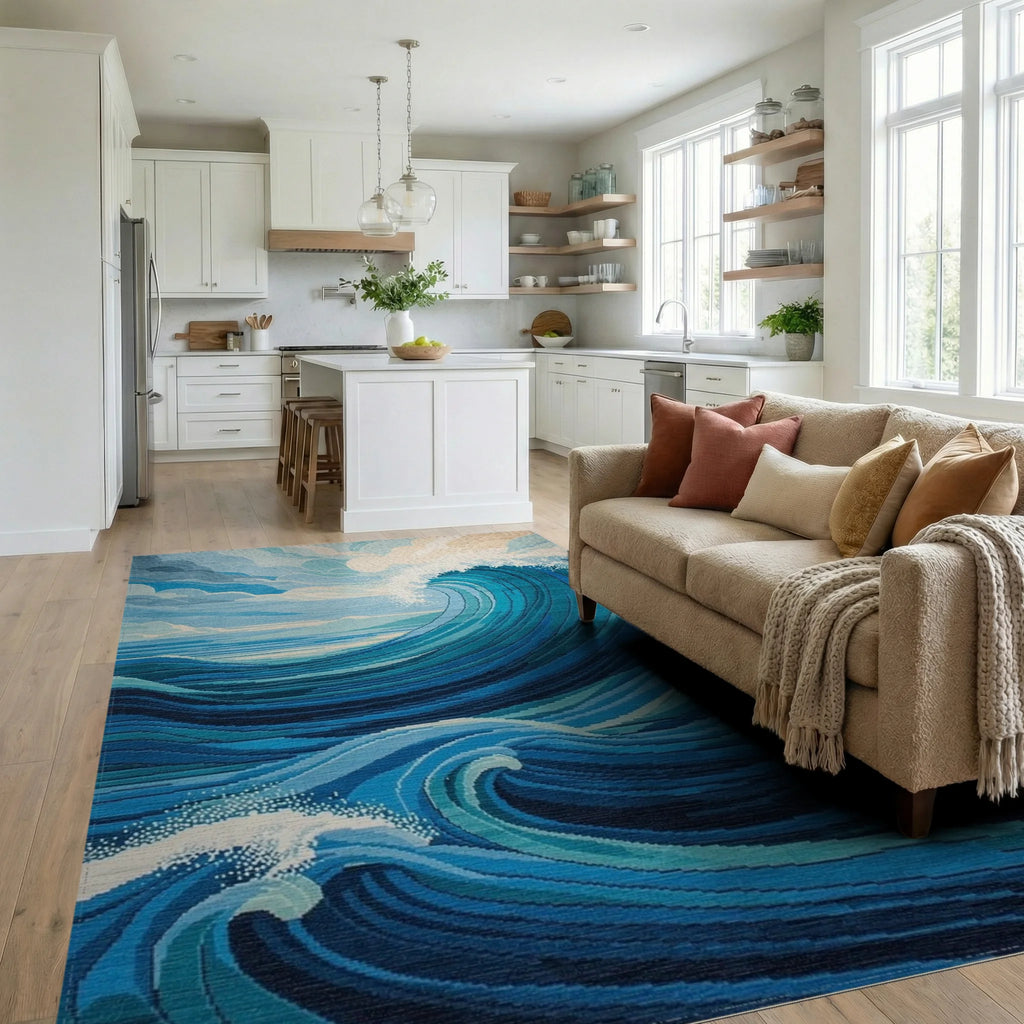 Vibrant Blue Ocean Wave Water Rug - Living Room View