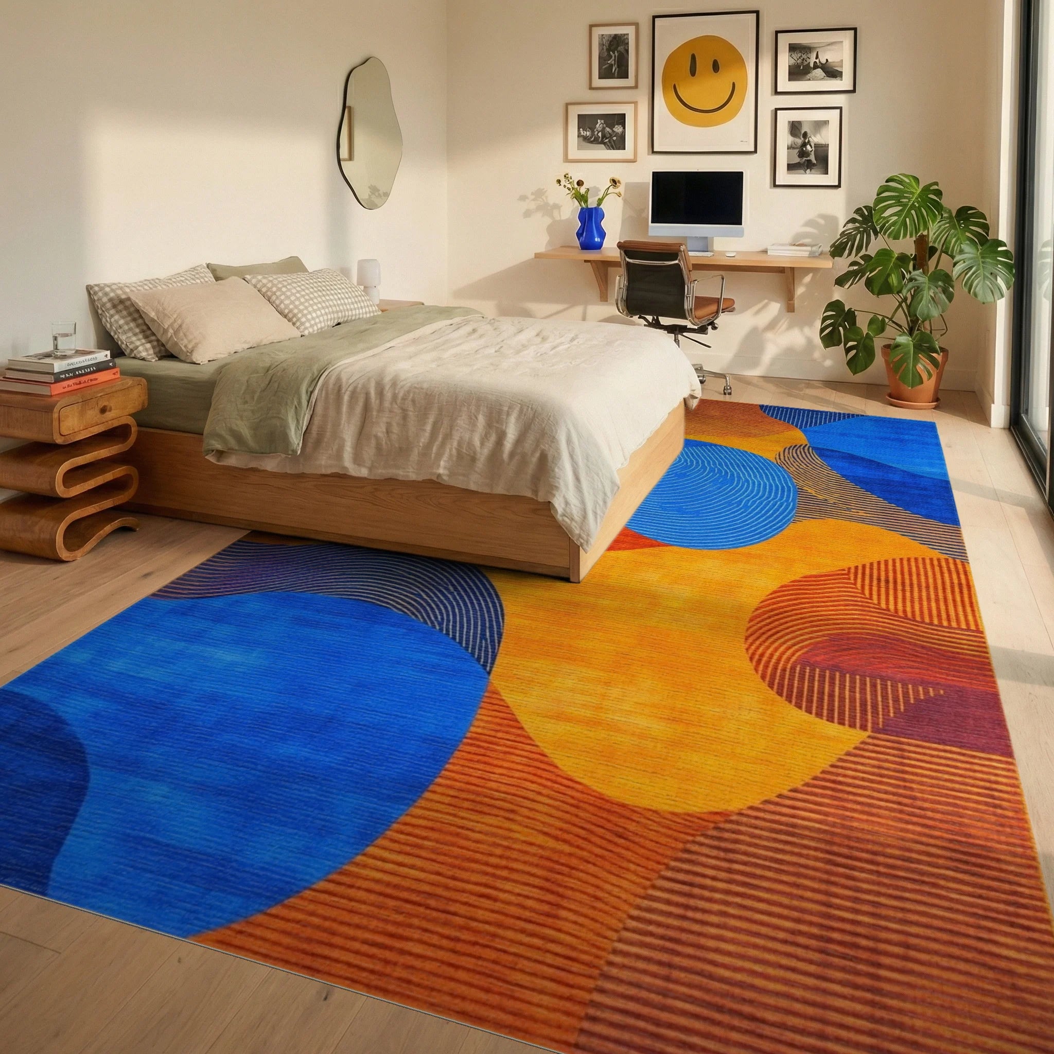 Vibrant Blue Orange Wavy Flow Rug - Bedroom View