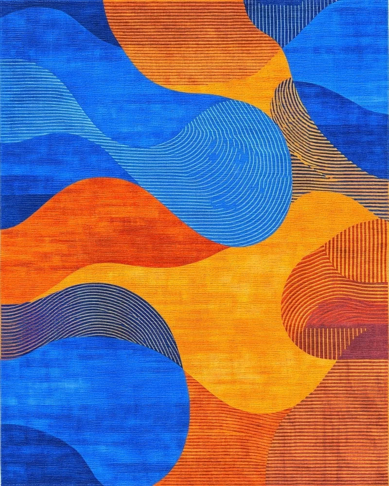 Vibrant Blue Orange Wavy Flow Rug - Cutout View