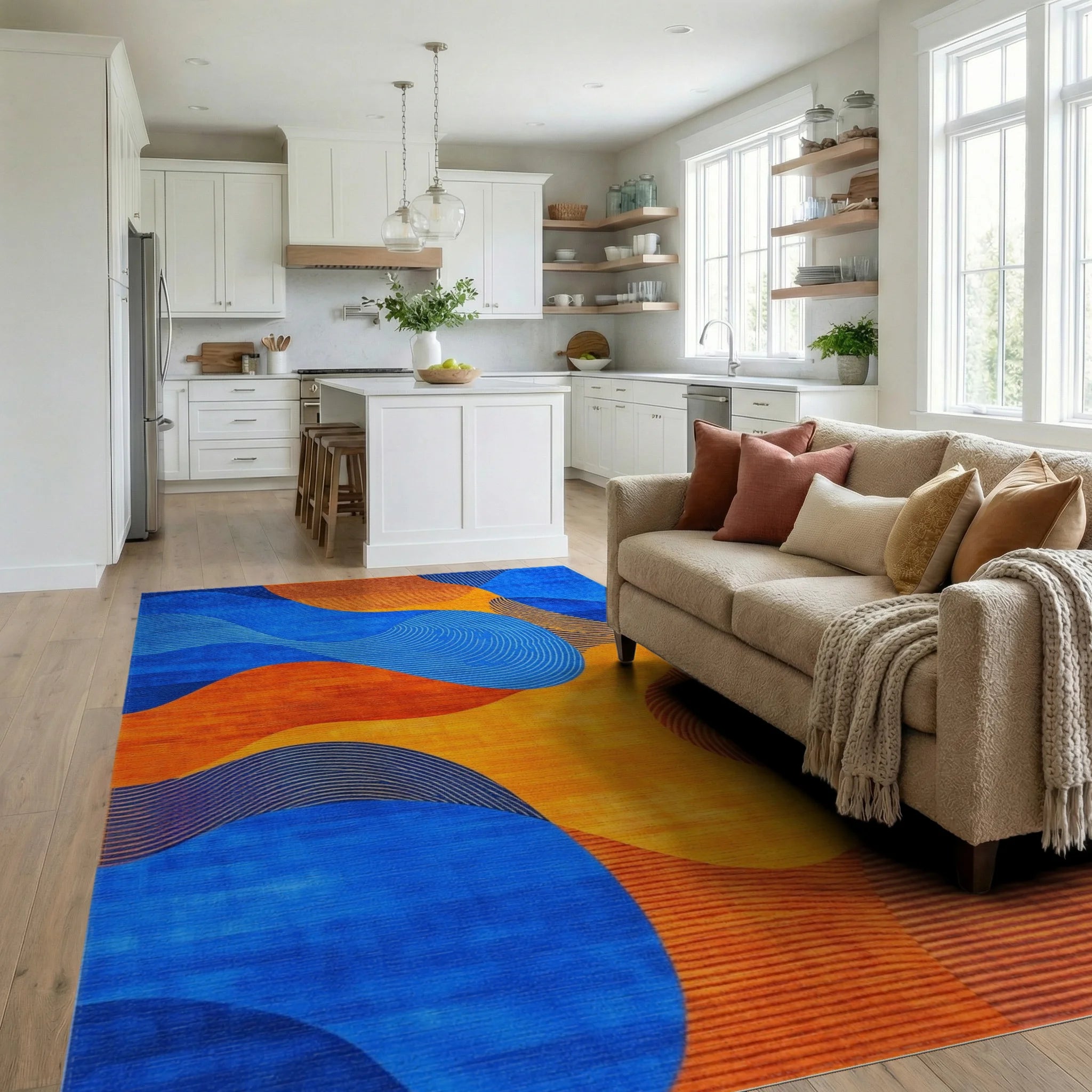 Vibrant Blue Orange Wavy Flow Rug - Living Room View