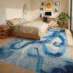 Vibrant Blue Watercolor Octopus Garden Rug - Bedroom View