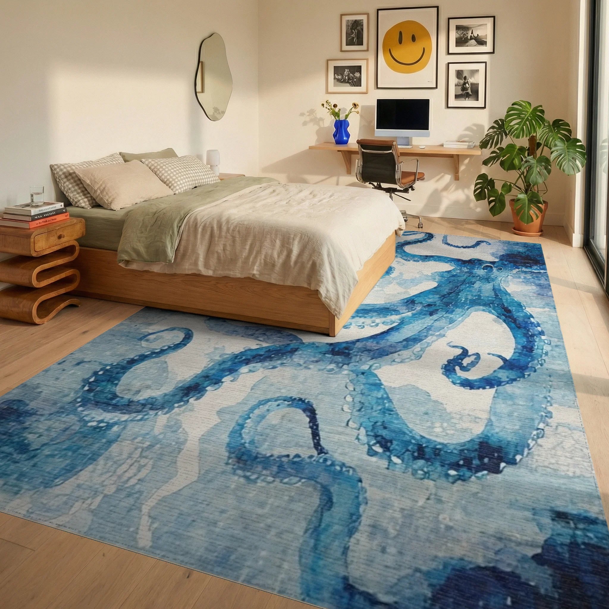 Vibrant Blue Watercolor Octopus Garden Rug - Bedroom View