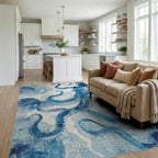 Vibrant Blue Watercolor Octopus Garden Rug - Living Room View