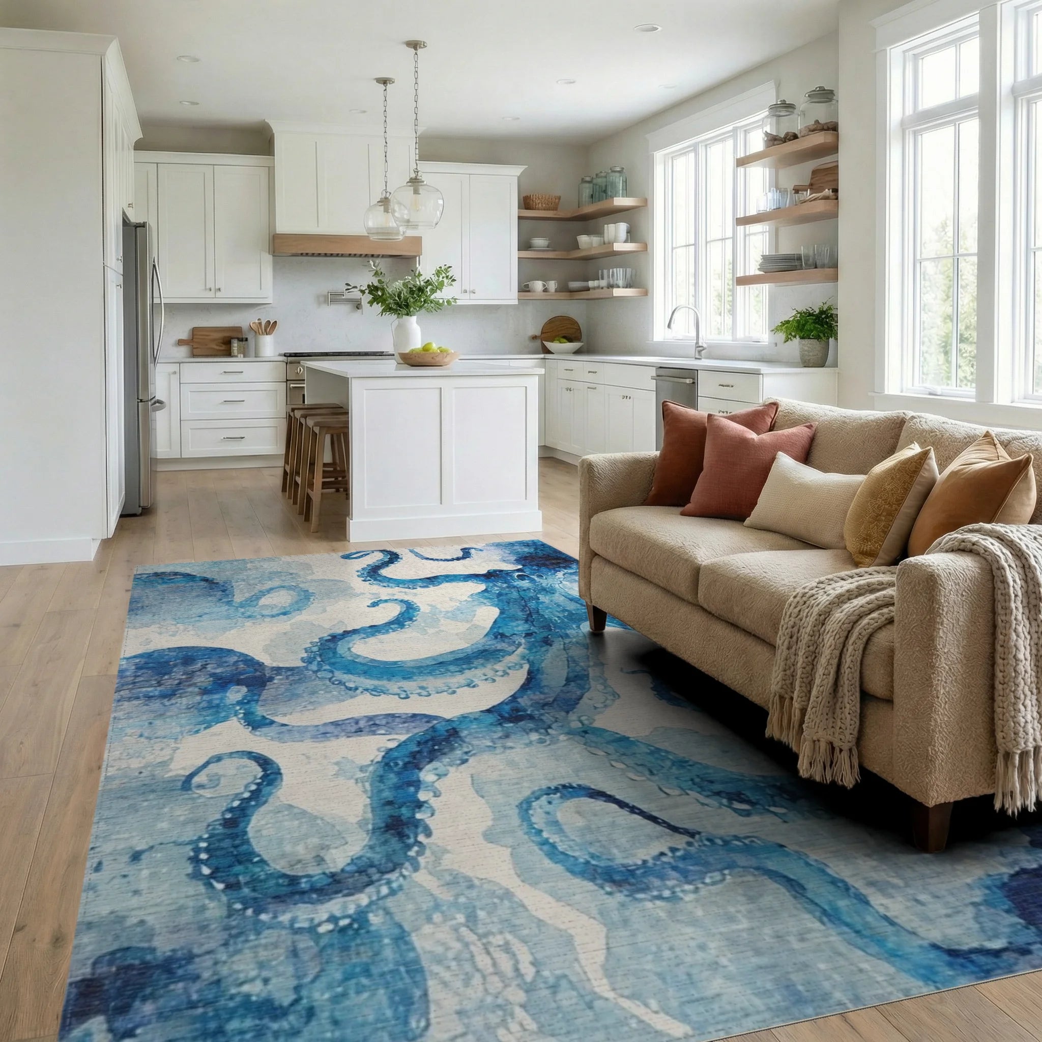 Vibrant Blue Watercolor Octopus Garden Rug - Living Room View