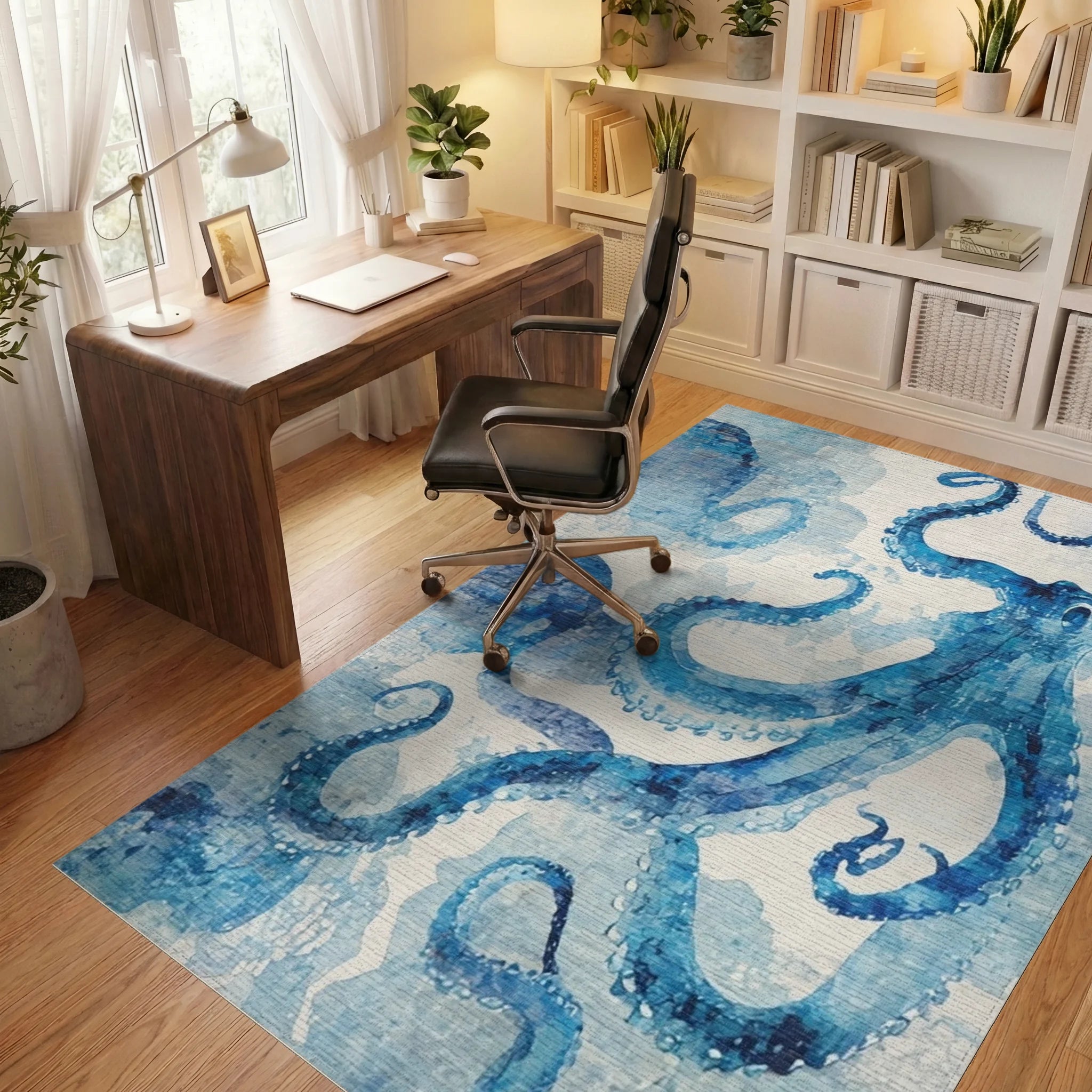 Vibrant Blue Watercolor Octopus Garden Rug - Office View