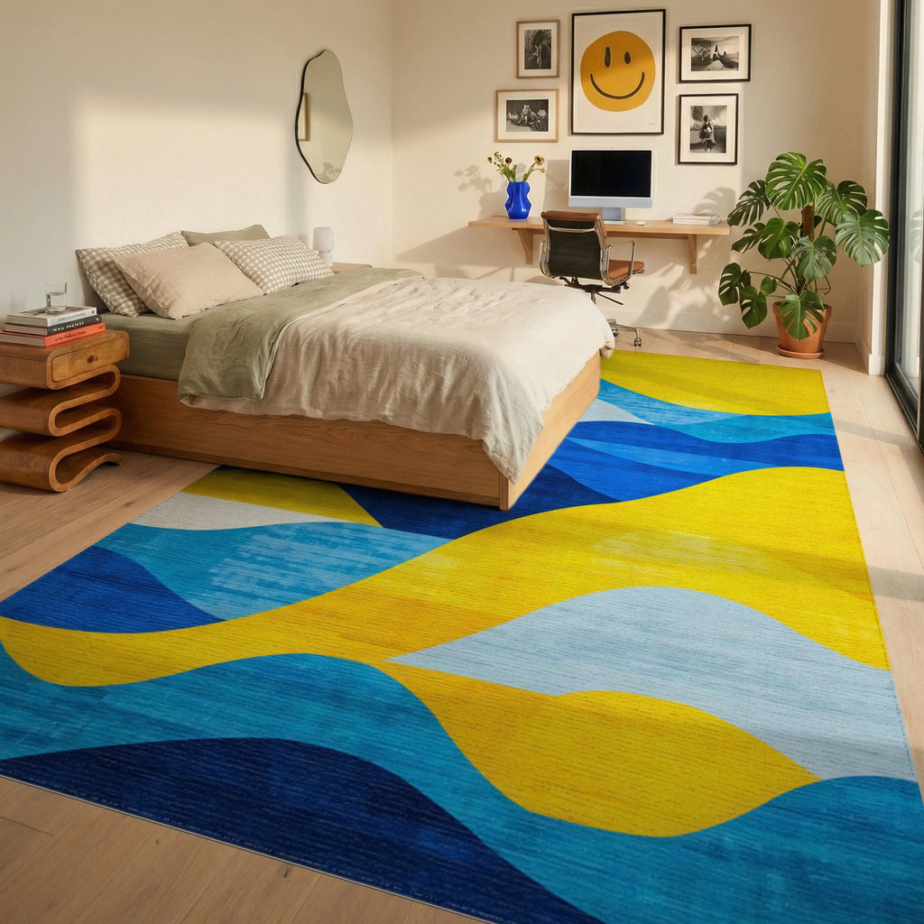Vibrant Blue Yellow Layered Waves Rug - Bedroom View