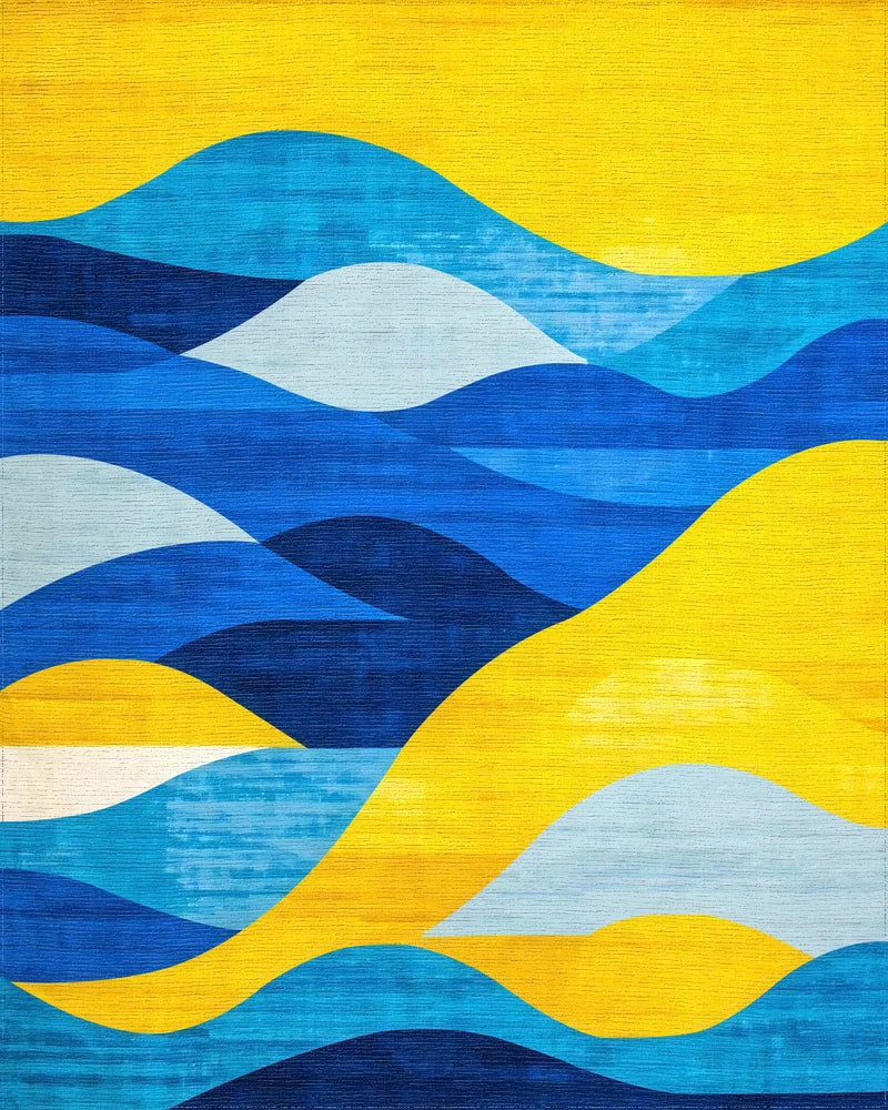 Vibrant Blue Yellow Layered Waves Rug - Cutout View