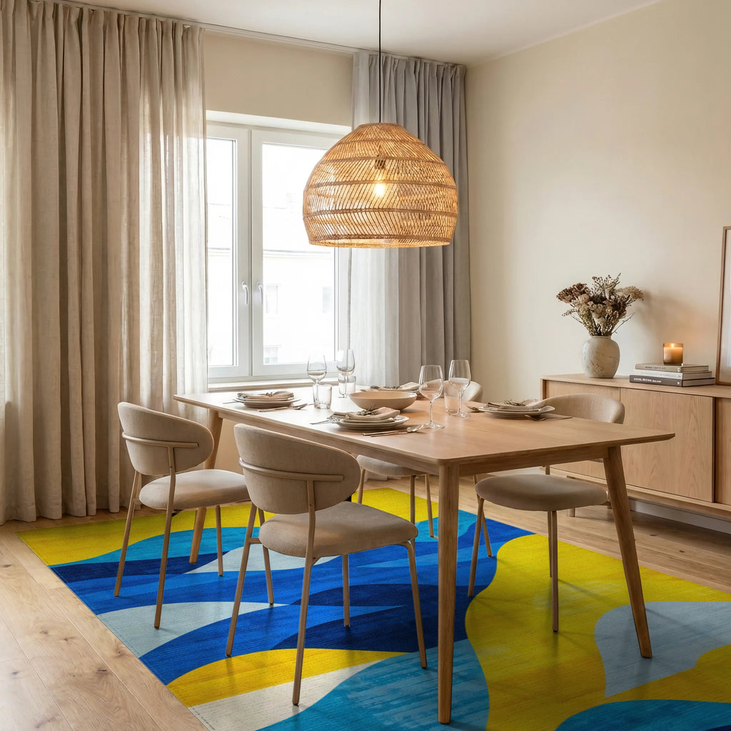 Vibrant Blue Yellow Layered Waves Rug - Dining Room View