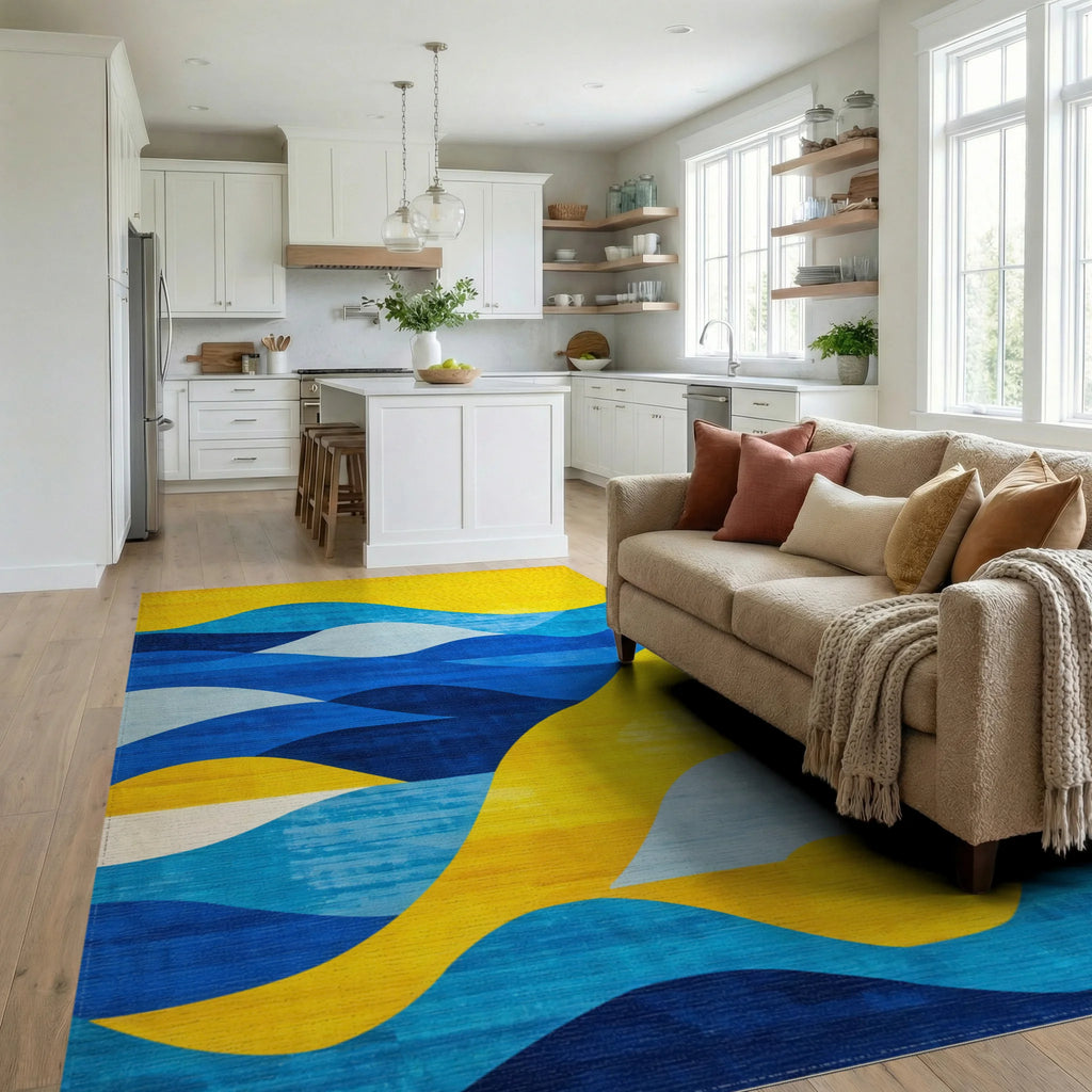 Vibrant Blue Yellow Layered Waves Rug - Living Room View