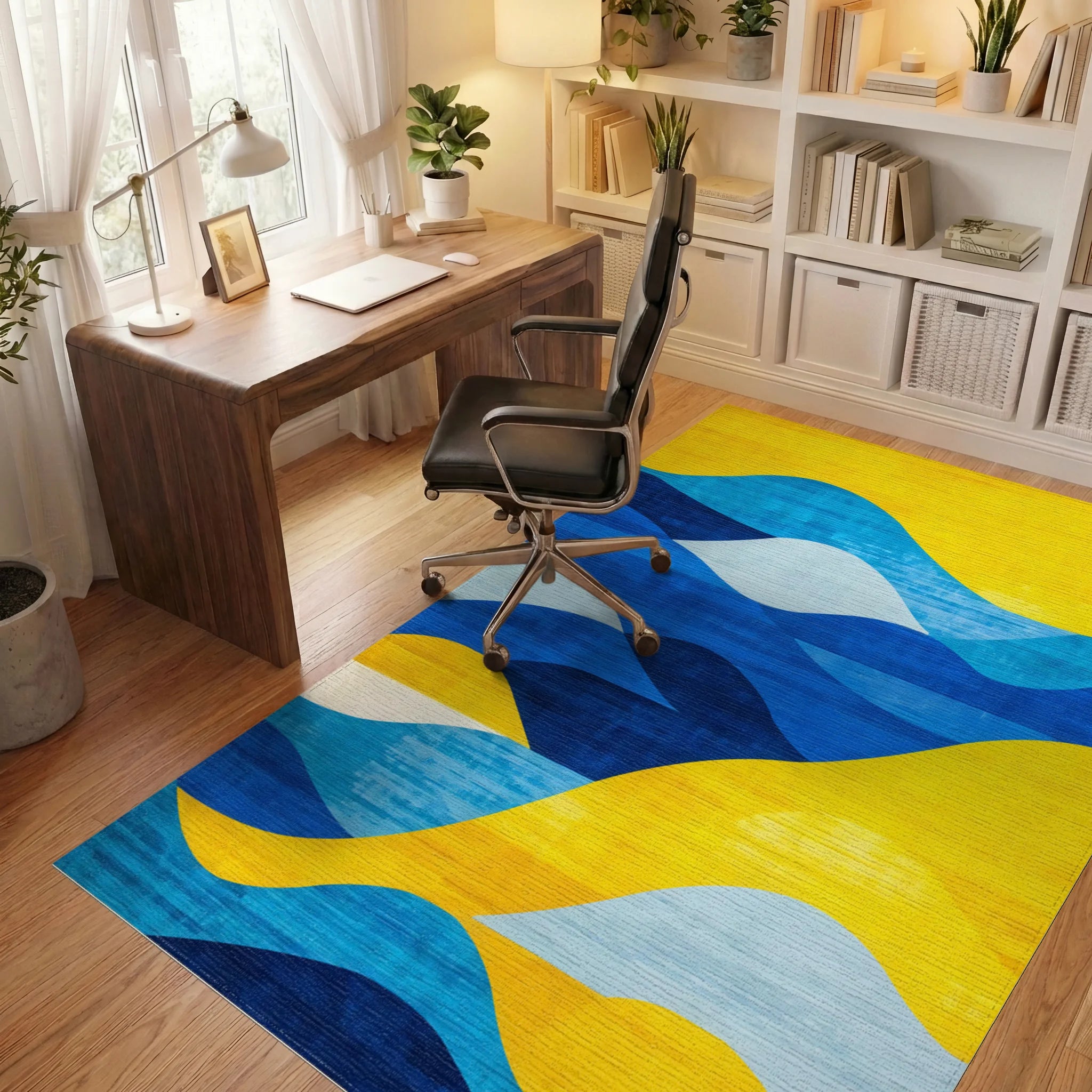 Vibrant Blue Yellow Layered Waves Rug - Office View