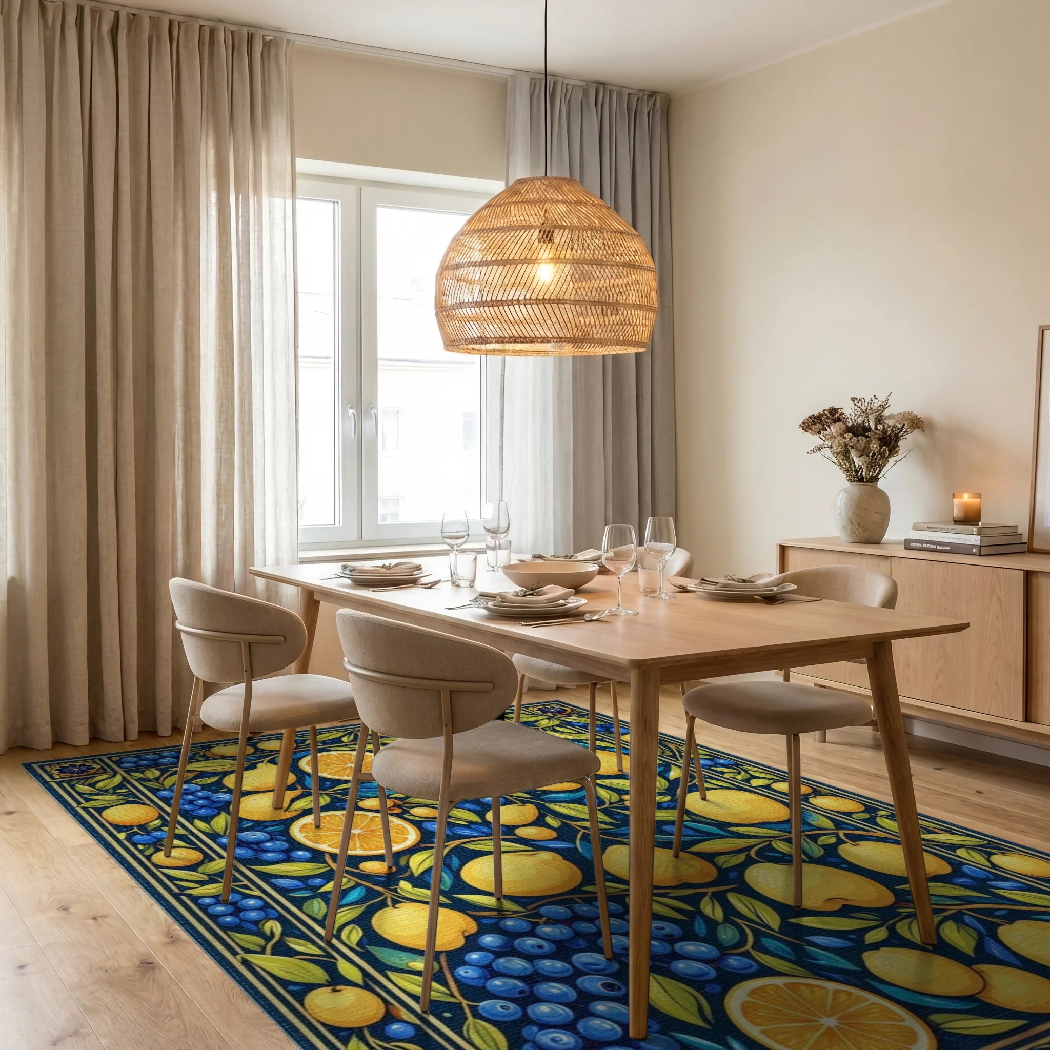 Vibrant Citrus Berry Floral Pattern Rug Dining Room View