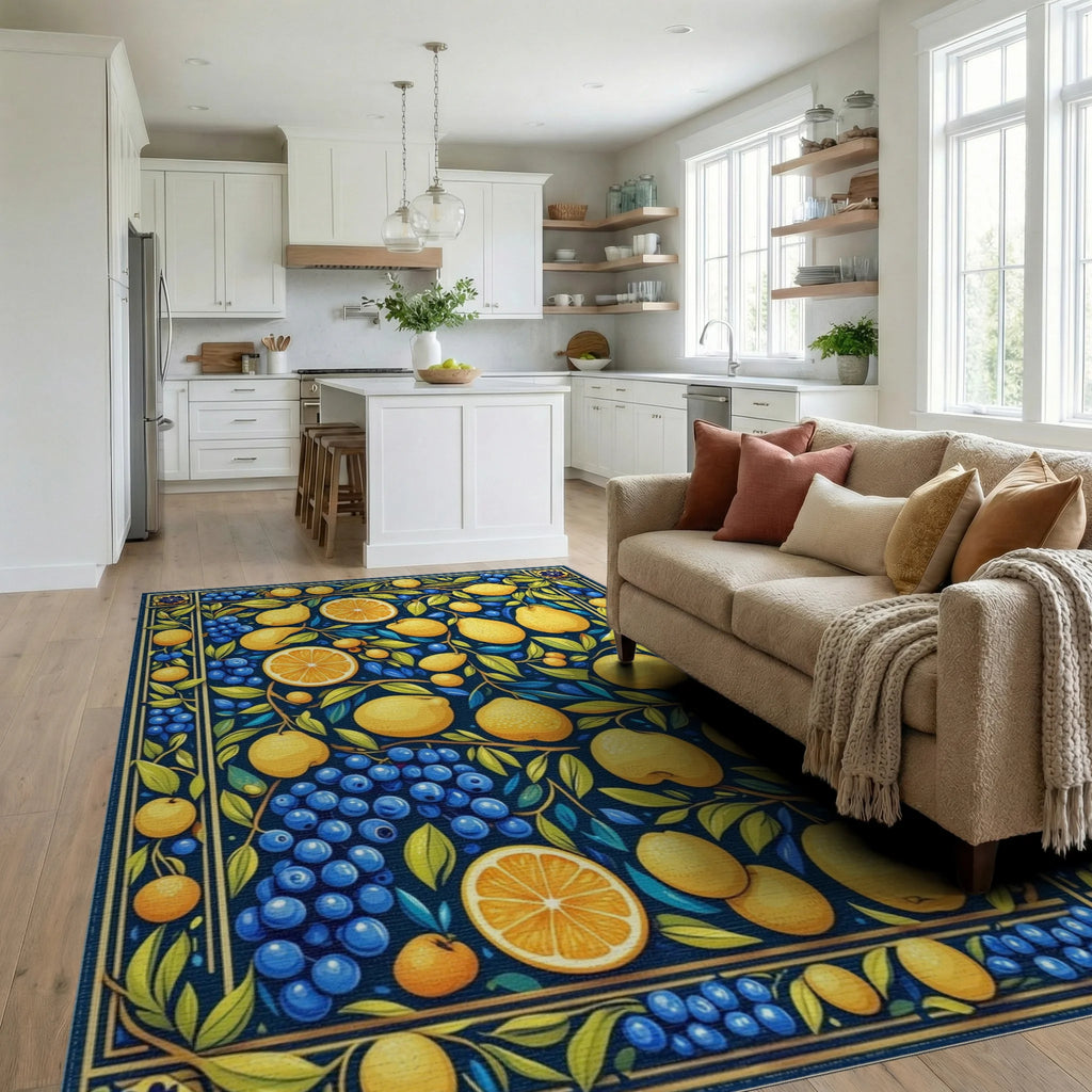 Vibrant Citrus Berry Floral Pattern Rug Living Room View