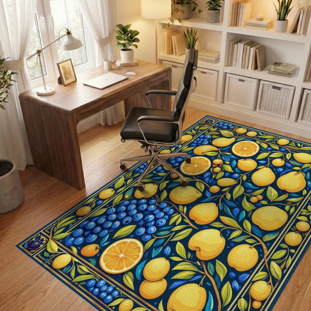 Vibrant Citrus Berry Floral Pattern Rug Office View