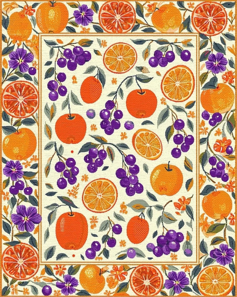 Vibrant Citrus Grape Floral Border Rug - Cutout View