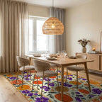 Vibrant Citrus Grape Floral Border Rug Dining Room View