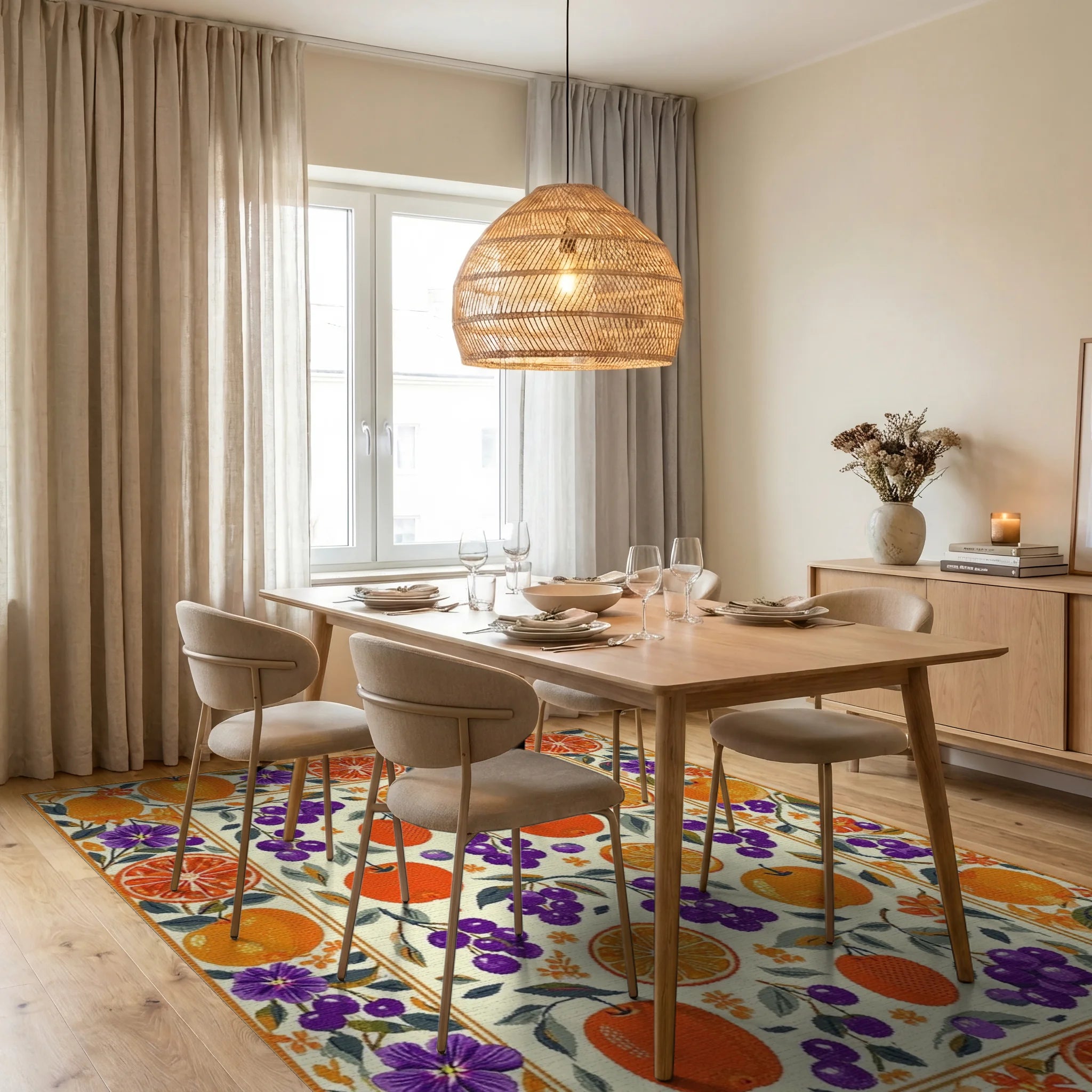 Vibrant Citrus Grape Floral Border Rug Dining Room View