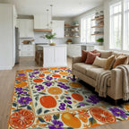 Vibrant Citrus Grape Floral Border Rug Living Room View