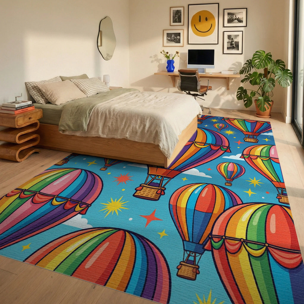 Vibrant Colorful Rainbow Hot Air Balloons Rug Bedroom View