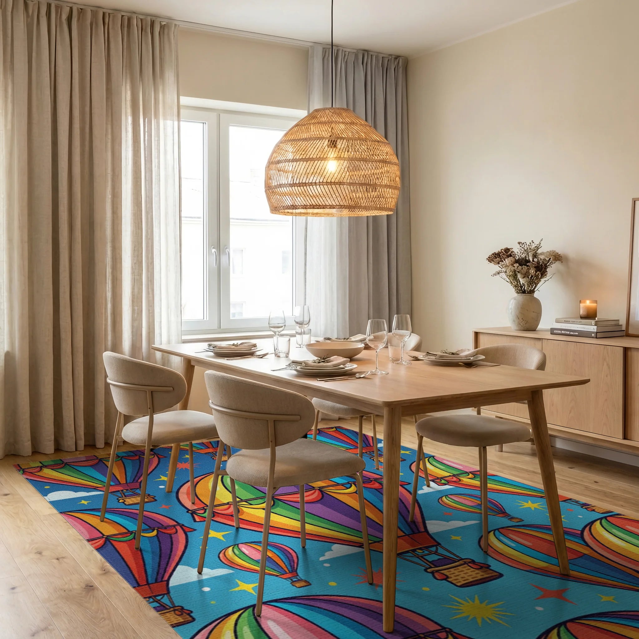 Vibrant Colorful Rainbow Hot Air Balloons Rug Dining Room View