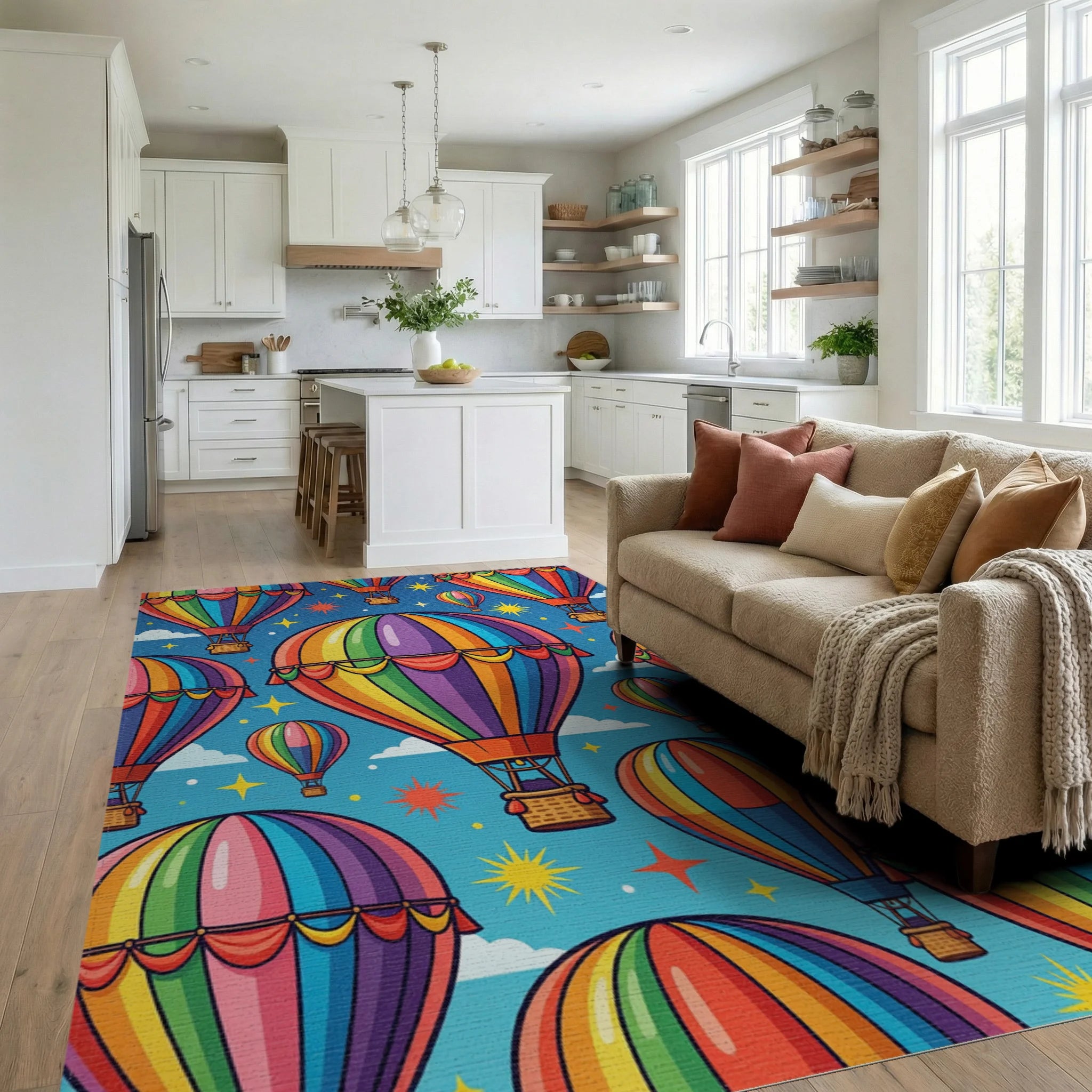 Vibrant Colorful Rainbow Hot Air Balloons Rug Living Room View