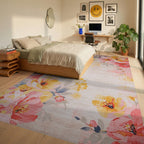Vibrant Coral Yellow Floral Bouquet Rug - Bedroom View