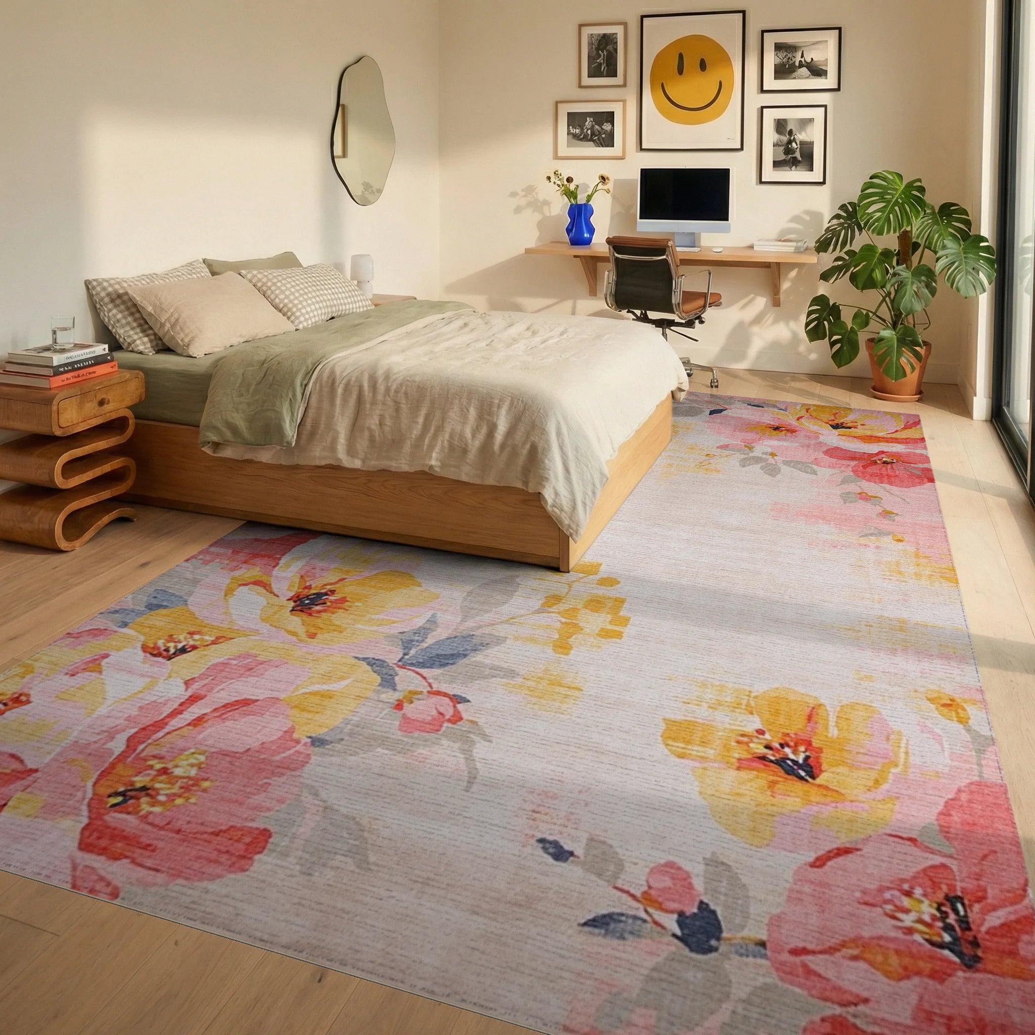 Vibrant Coral Yellow Floral Bouquet Rug - Bedroom View