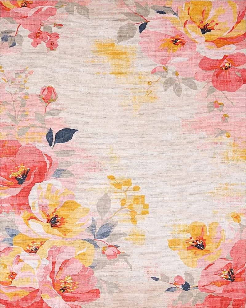 Vibrant Coral Yellow Floral Bouquet Rug - Cutout View