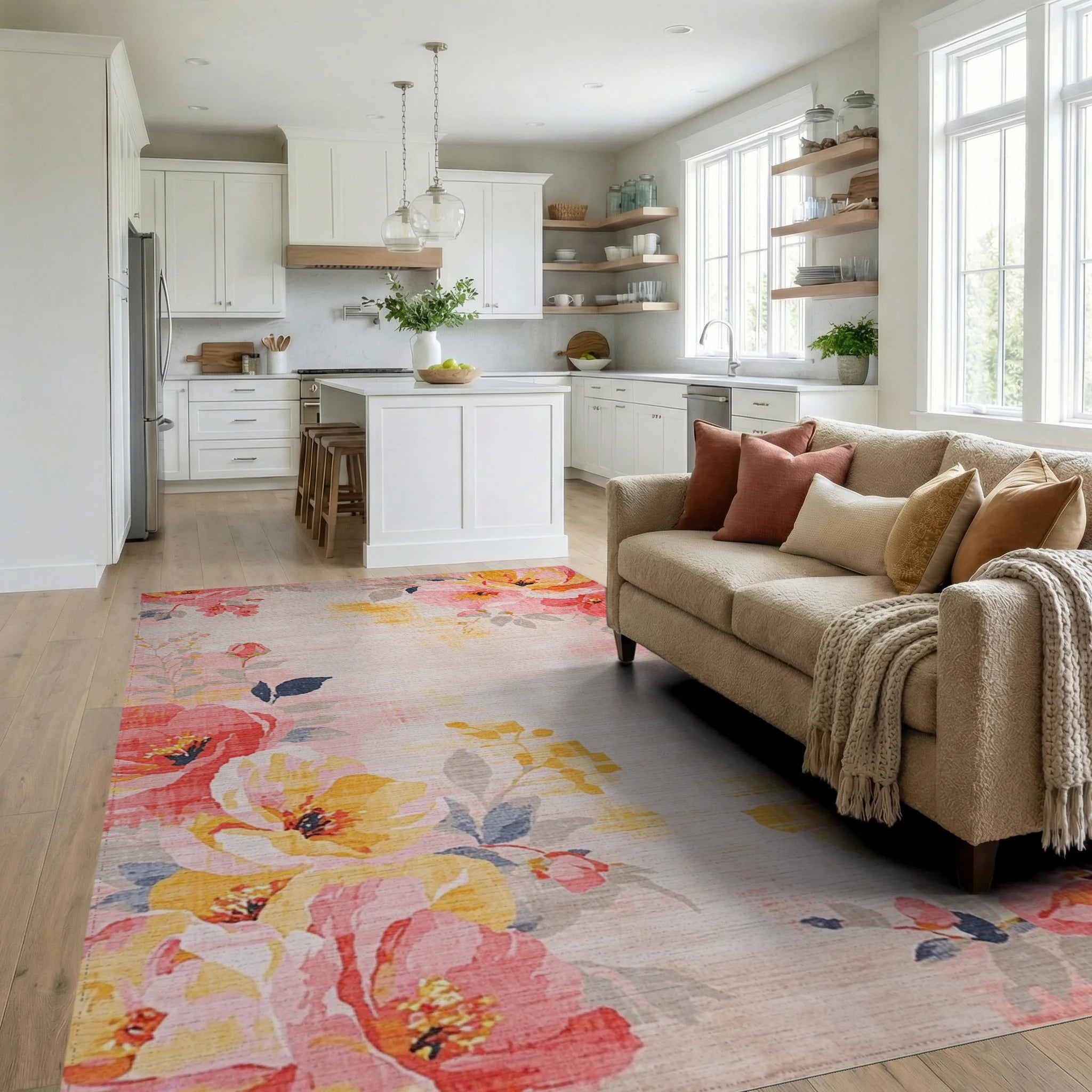 Vibrant Coral Yellow Floral Bouquet Rug - Living Room View