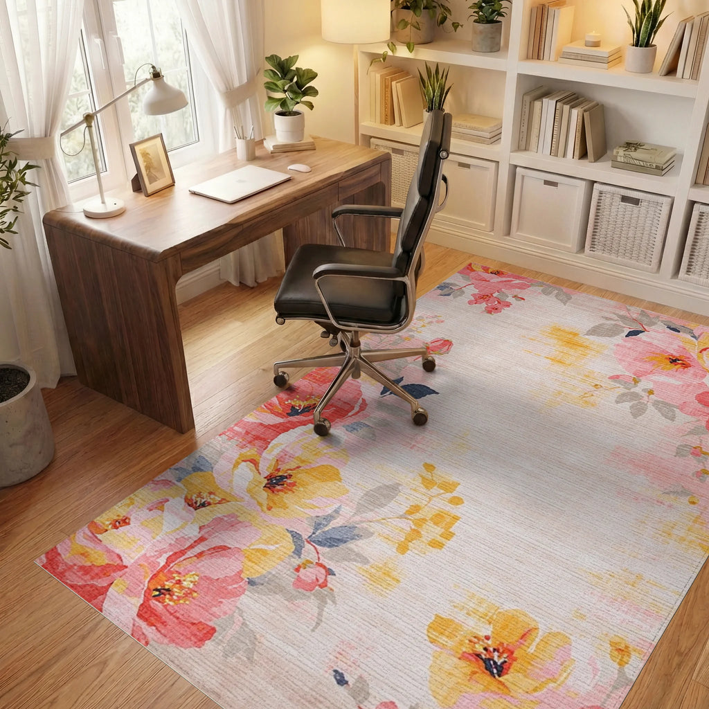 Vibrant Coral Yellow Floral Bouquet Rug - Office View