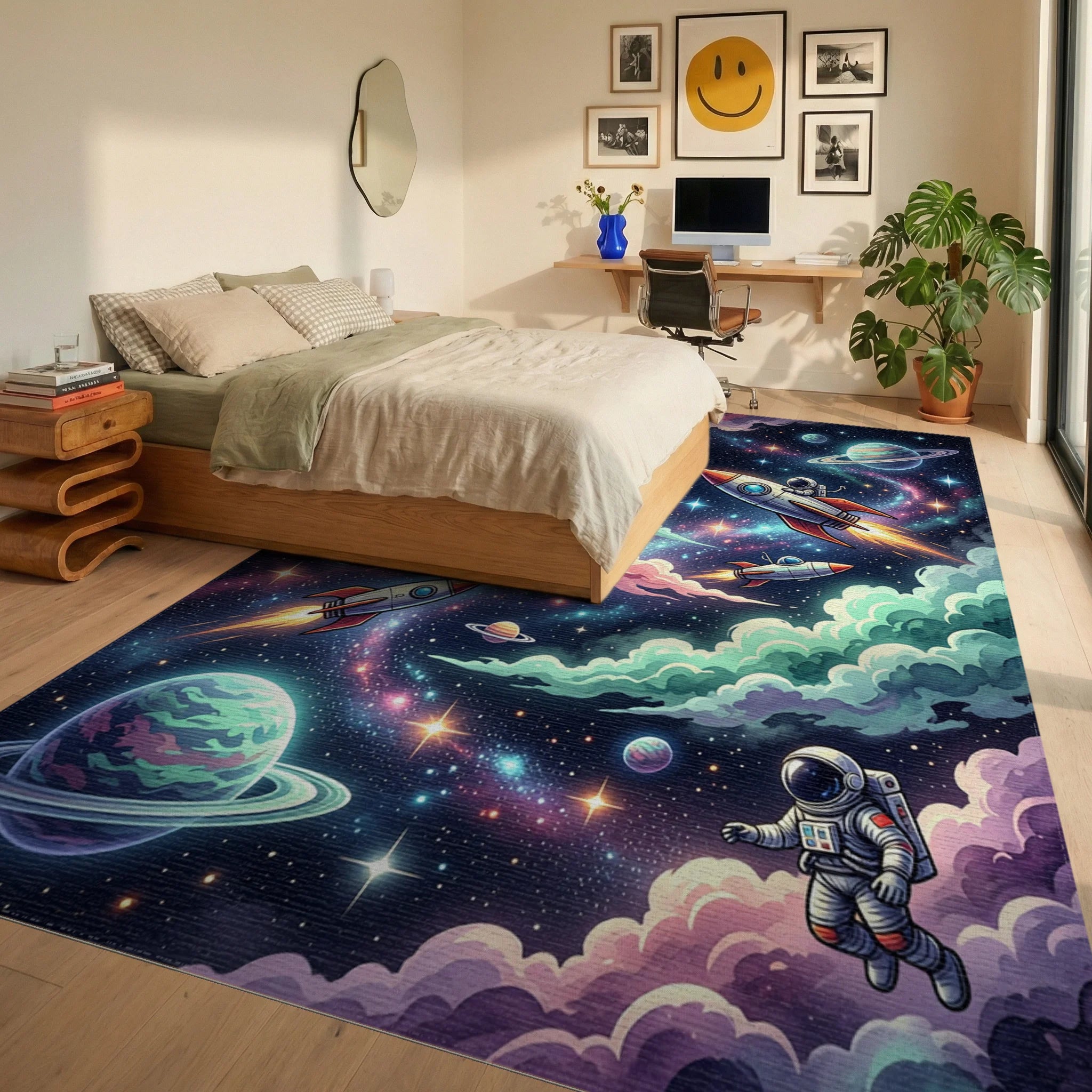 Vibrant Cosmic Astronaut Galaxy Space Rug Bedroom View