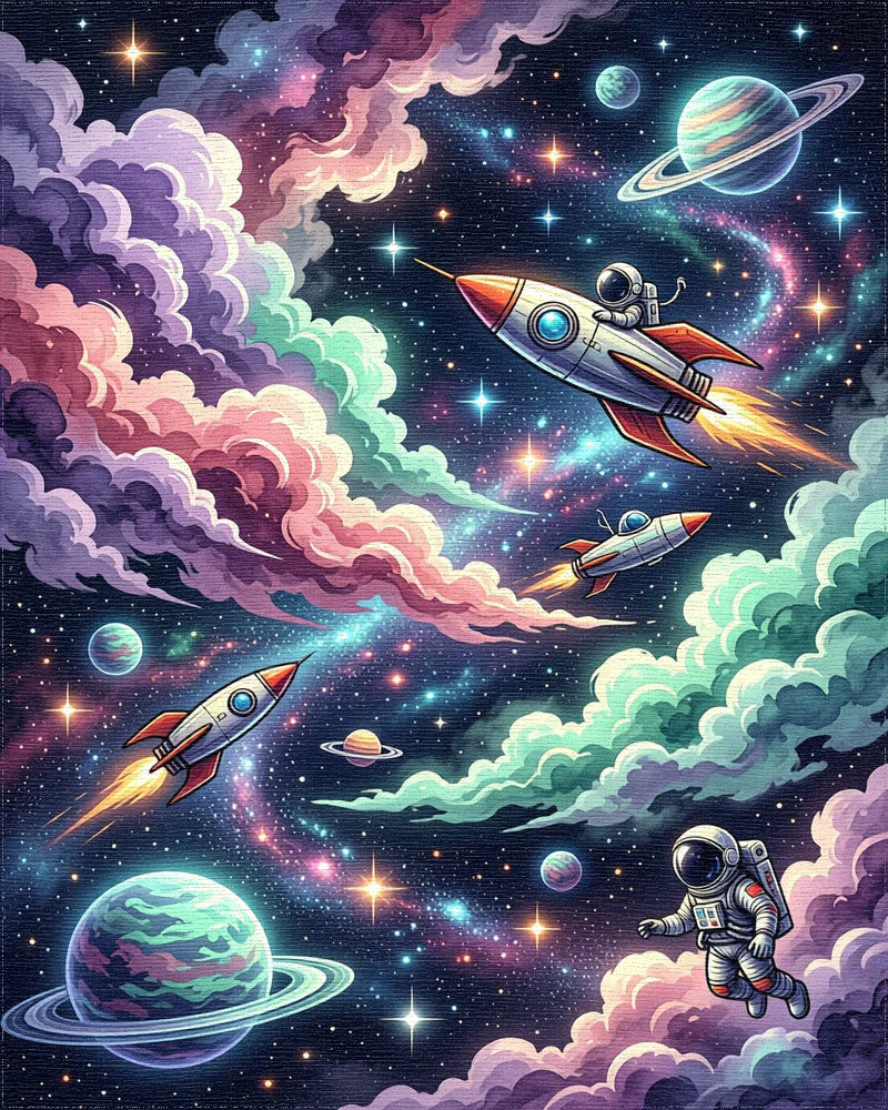 Vibrant Cosmic Astronaut Galaxy Space Rug - Cutout View