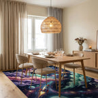 Vibrant Cosmic Astronaut Galaxy Space Rug Dining Room View