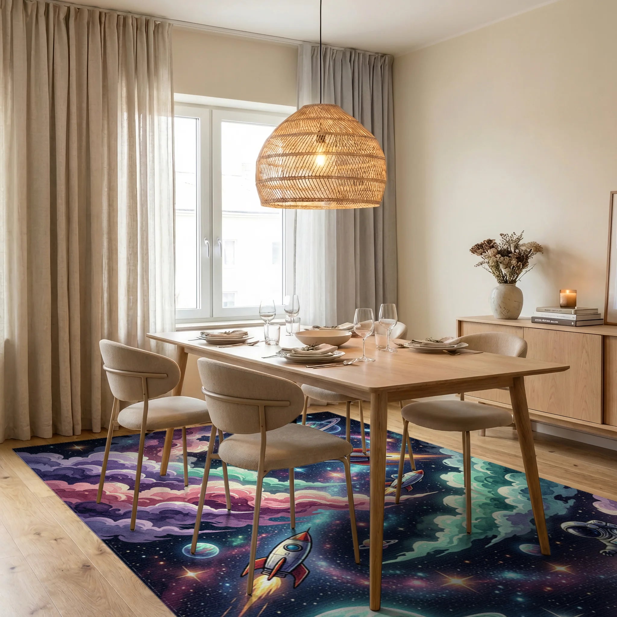 Vibrant Cosmic Astronaut Galaxy Space Rug Dining Room View