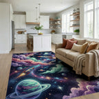 Vibrant Cosmic Astronaut Galaxy Space Rug Living Room View