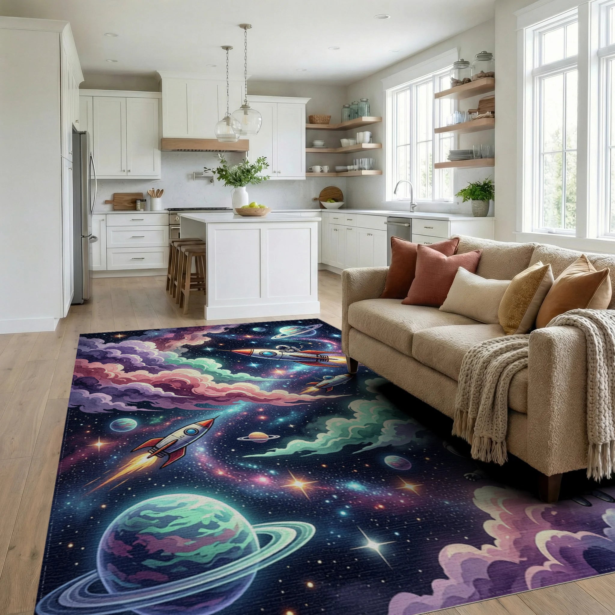 Vibrant Cosmic Astronaut Galaxy Space Rug Living Room View